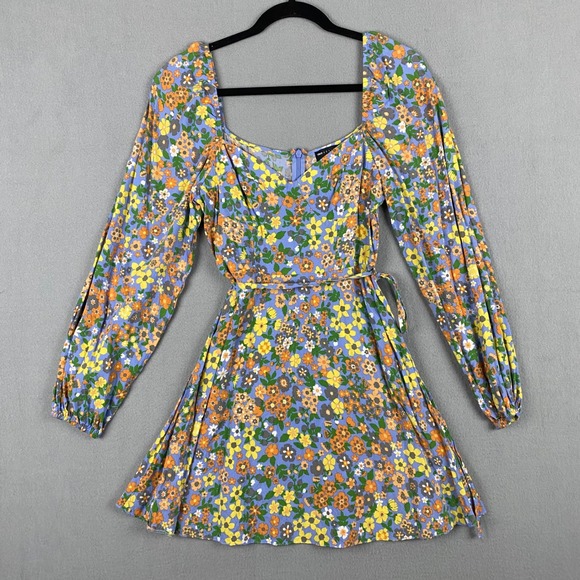 ASOS‎ DESIGN Square Neck Long Sleeve Floral Print Mini Dress Women's Size 6 - Picture 3 of 7